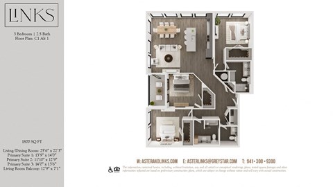 Floor plan for 3 beds, 2.5 baths, 1796 sqft